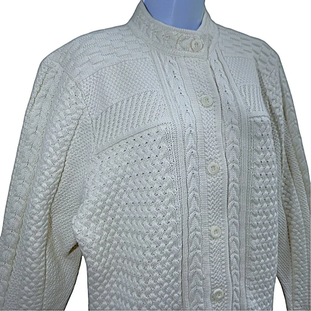 Vintage LL Bean Ivory 3D Cable Knit Cardigan Mock Neck Fisherman Cotton Plus 2x